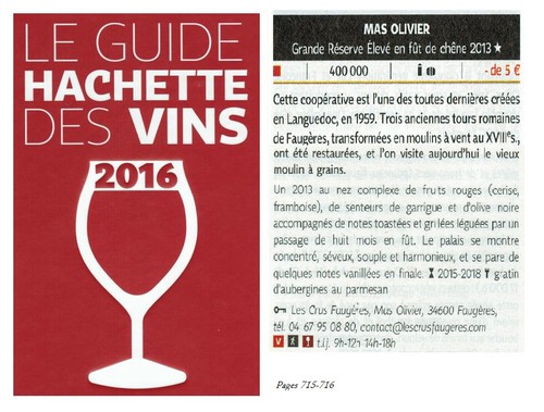 Guide Hachette 2016 Mas Olivier Grande Reserve rouge 2013